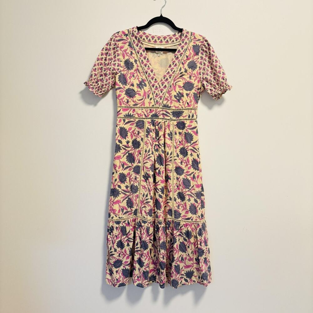 dRA Dress Womens Medium Pink Cotton Floral V Neck Tiered Ruffle Cuffs Boho